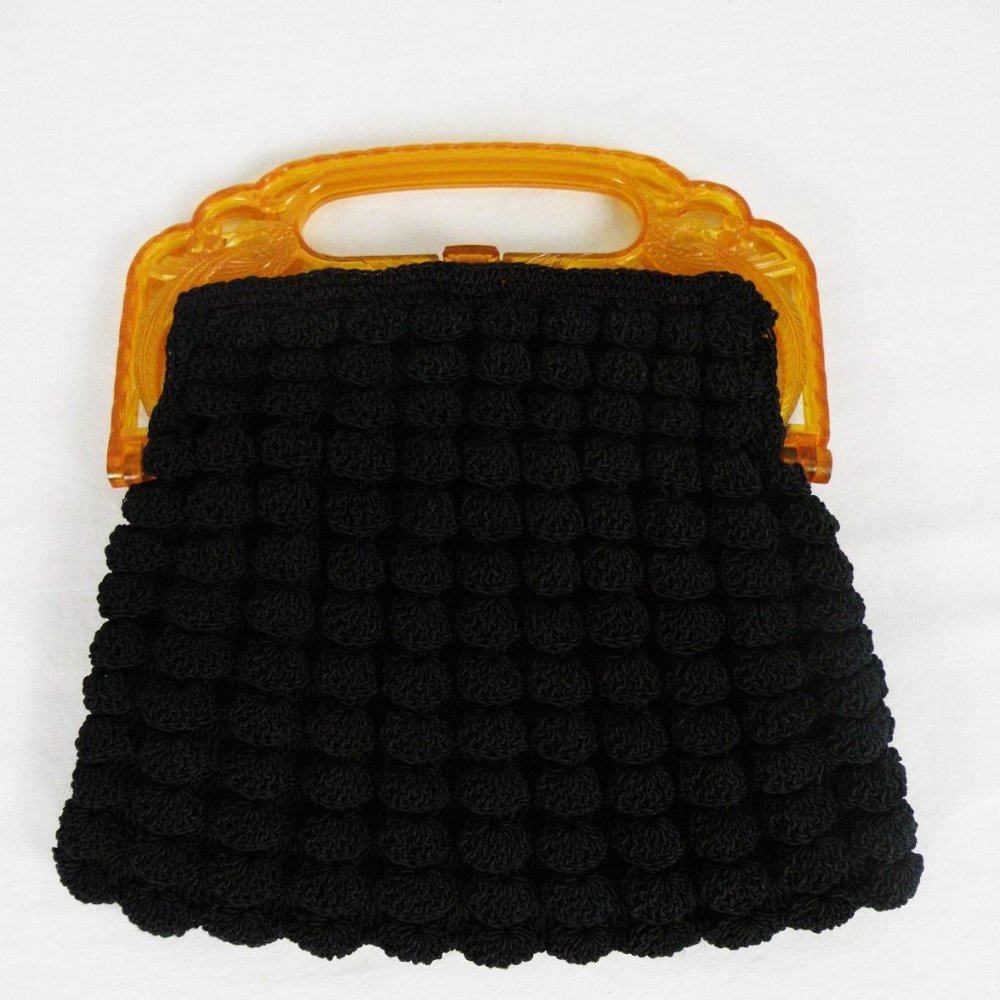 VINTAGE BLACK CROCHET PEACOCK LUCITE HANDLE BAG